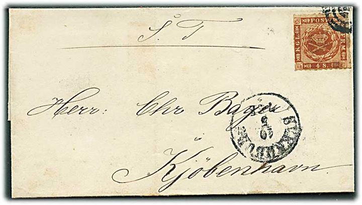 4 sk. stukken kant på brev annulleret med yderligt placeret nr.stempel og sidestemplet antiqua Svendborg d. 10.5.1863 til Kjøbenhavn.