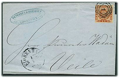 4 sk. stukken kant på brev annulleret med nr.stempel 1 og sidestemplet Kiøbenhavn d. 1.8.1863 til Vejle.