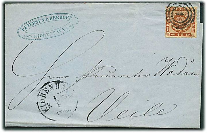 4 sk. stukken kant på brev annulleret med nr.stempel 1 og sidestemplet Kiøbenhavn d. 1.8.1863 til Vejle.