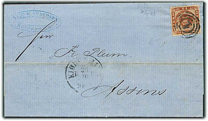 4 sk. stukken kant på brev annulleret med nr.stempel 1 og sidestemplet Kiøbenhavn d. 30.10.1863 til Assens.