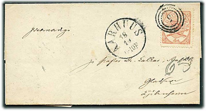 4 sk. Krone/Scepter på brev annulleret med nr.stempel 5 og sidestemplet antiqua Aarhus d. 18.10.1865 til Gladsaxe pr. Kjøbenhavn.