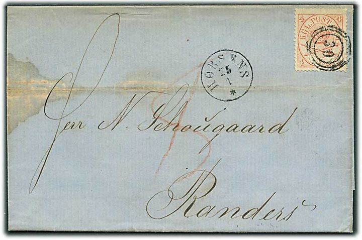 4 sk. Krone/Scepter på brev annulleret med nr.stempel 30 og sidestemplet antiqua Horsens d. 25.1.1866 til Randers. Påskrevet 8 skilling porto (?). Skjolder i venstre side.