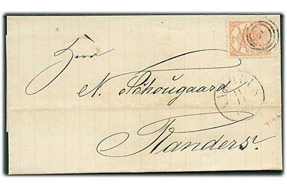 4 sk. Krone/Scepter på brev annulleret med nr.stempel 5 og sidestemplet antiqua Aarhus d. 11.10.1865 til Randers.