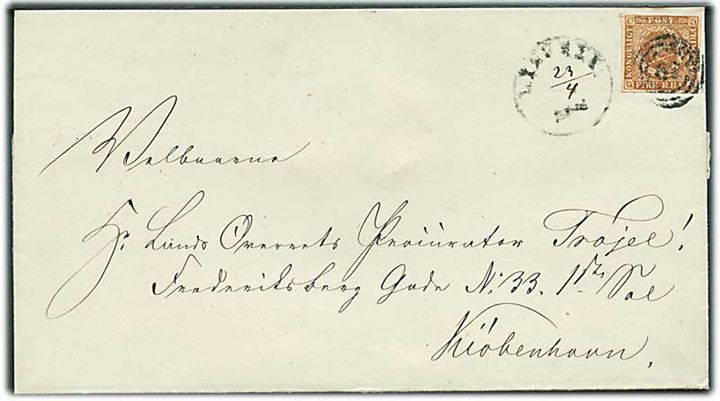 4 R.B.S. Thiele III gulbrun (klippet i mærket) på brev annulleret med 1½-ringstempel Lyngbye. med håndskrevet dato d. 23.4.1854 til Kjøbenhavn.