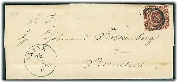 4 R.B.S. Thiele IIb rødbrun med fuld rand på brev dateret Gl. Skivehuus annulleret med svagt nr.stempel 64 og sidestemplet antiqua Skive d. 25.2.1854 til Randers.