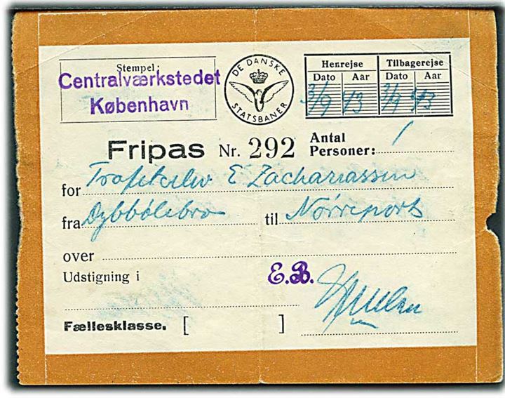 De Danske Statsbaner Fripas (Fællesklasse) stemplet Centralværkstedet København til rejse for trafikelev mellem Dybbølsbro og Norreport i perioden 3.9.1943-3.9.1943.