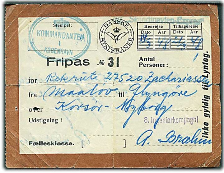 De Danske Statsbaner Fripas (Fællesklasse) stemplet Kommandanten i København til rekrut fra Maaløv til Glyngøre i perioden 14.3.1948-21.3.1948. Påtrykt ikke gyldig i Lyntog., men tilføjet stempel: og Skandinavien-Express.