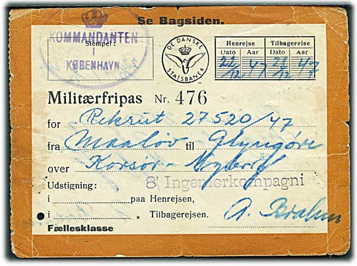De Danske Statsbaner Fripas (Fællesklasse) stemplet Kommandanten i København til rekrut fra Maaløv til Glyngøre i perioden 22.12.1947-28.12.1947. Meddelelse på bagsiden vedr. Lyntog.