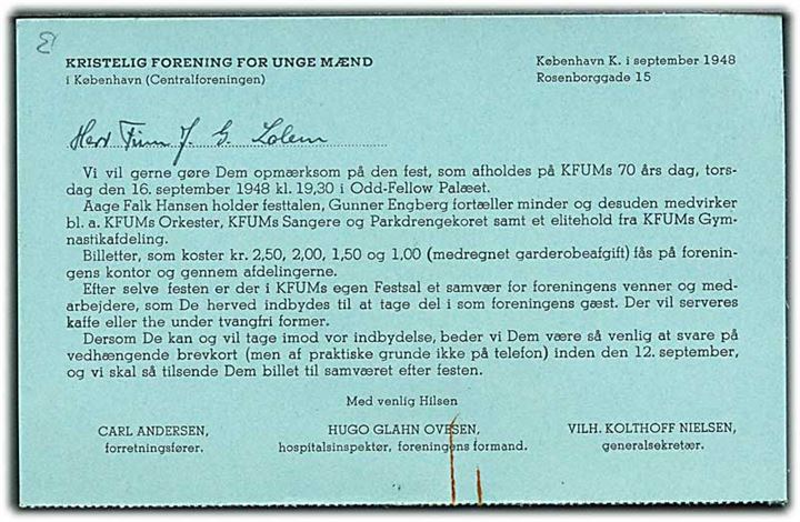 Svarbrevkort med tilmelding til K.F.U.M.s 70 års fest d. 16.9.1948. Ubrugt.