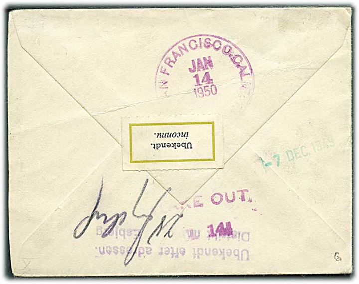 Amerikansk 5 cents frankostemplet brev fra San Francisco d. 12.11.1949 til Esbjerg, Danmark. Retur via Returpostkontoret med 2-sproget returetiket: Ubekendt / inconnu.
