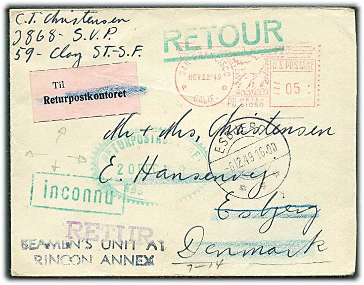 Amerikansk 5 cents frankostemplet brev fra San Francisco d. 12.11.1949 til Esbjerg, Danmark. Retur via Returpostkontoret med 2-sproget returetiket: Ubekendt / inconnu.