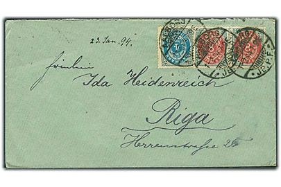 4 øre Tofarvet ret rm. og 8 øre Tofarvet omv. rm. i parstykke på 20 øre frankeret brev fra Aalborg JB.P.E. d. 1.2.1894 til Riga, Letland, Rusland.