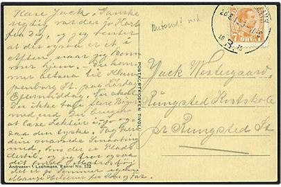 7 øre orange Chr. X automat skåret mærke på lokalt postkort fra København d. 28.8.1919 til Rungsted.