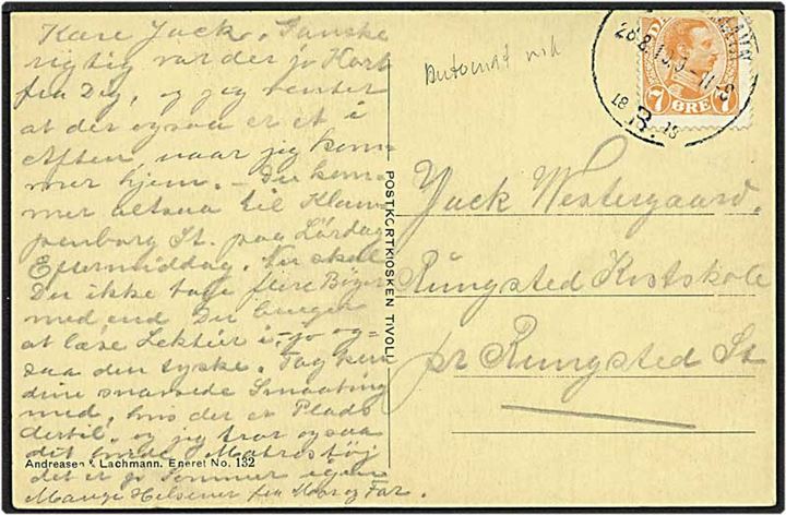 7 øre orange Chr. X automat skåret mærke på lokalt postkort fra København d. 28.8.1919 til Rungsted.