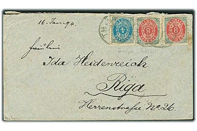 4 øre og 8 øre (2) Tofarvet omv. ramme på brev annulleret med lapidar Thisted d. x.1.1894 til Riga, Letland, Rusland.