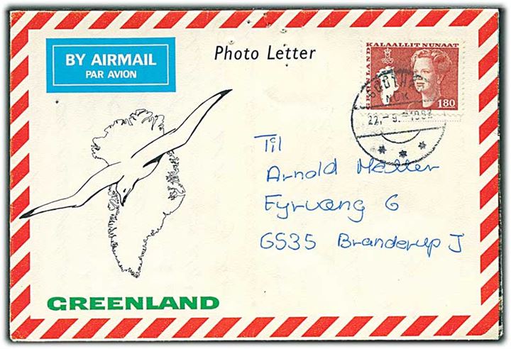 1,80 kr. Margrethe på Photo Letter 2672-10-79 fra Godthåb d. 22.9.1982 til Branderup. Nålehul.