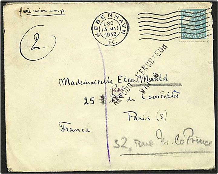 25 øre blå karavel på brev fra København d. 13.5.1932 til Paris, frankrig.