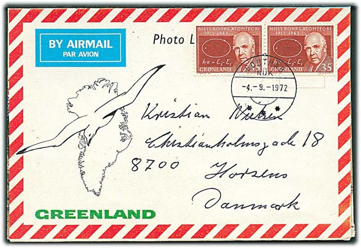 35 øre Niels Bohr i parstykke på Photo Letter fra Godthåb d. 4.9.1972 til Horsens.
