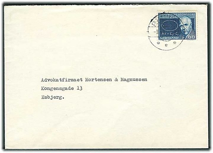 60 øre Niels Bohr. på brev fra Frederikshåb d. 9.5.1963 til Esbjerg.