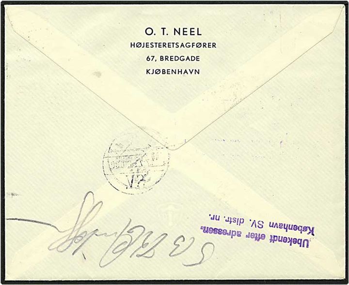 30 øre rød Fr. IX på lokalt brev fra København d. 16.7.1958. Brevet returneret, ubekendt efter adressen.