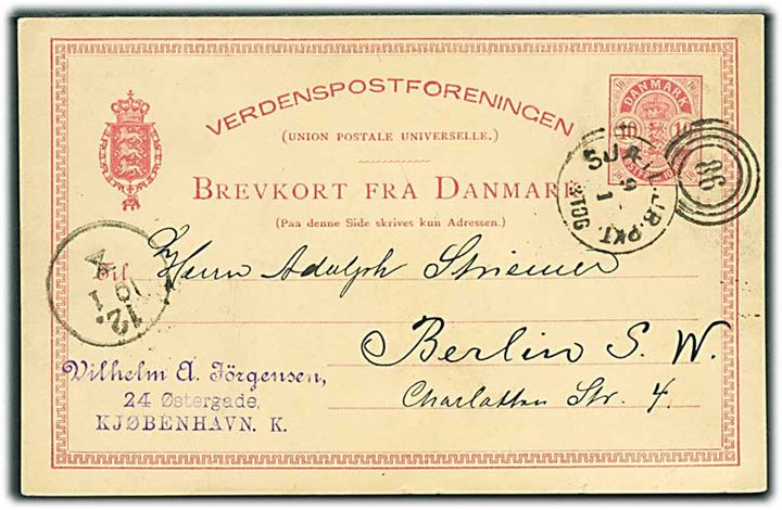 10 øre Våben helsagsbrevkort fra Kjøbenhavn annulleret med kombineret nr.stempel 86/Sjæll.JB.PKT. d. 9.1.1885 til Berlin, Tyskland.