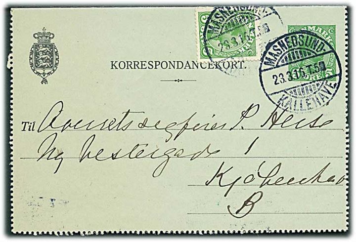 5 øre Chr. X helsags korrespondancekort opfrankeret med 5 øre Chr. X annulleret med bureaustempel Masnedsund - Kallehave T.5 d. 23.3.1916 til Kjøbenhavn.