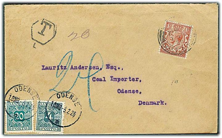 Engelsk 1½d George VI på underfrankeret brev fra 1926 til Odense, Danmark. Udtakseret i porto med 4 øre og 20 øre Portomærke stemplet Odense d. 5.2.1926.