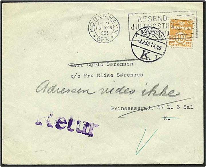 10 øre orange bølgelinie på lokalt brev fra København d. 16.12.1933. Brevet returneret, flyttet hvorhen vides ikke.