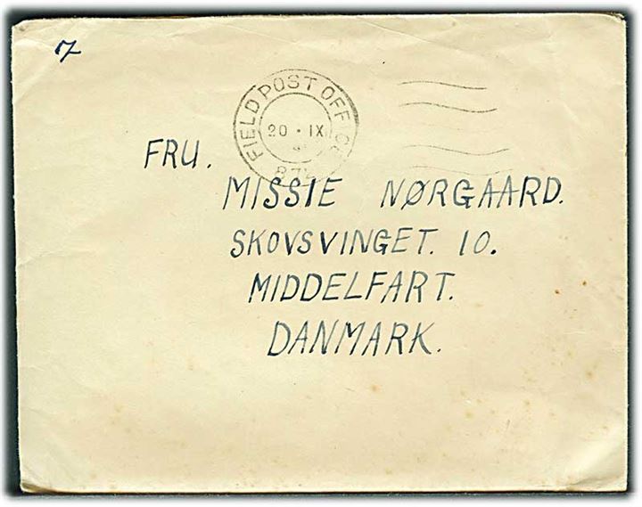 Ufrankeret feltpost brev stemplet Field Post Office 872 (= Belgien) d. 20.9.1945 til Middelfart, Danmark. Fra Royal Engineers Sapper ved 32 (BR) CCS, BAOR. Fuldt indhold.