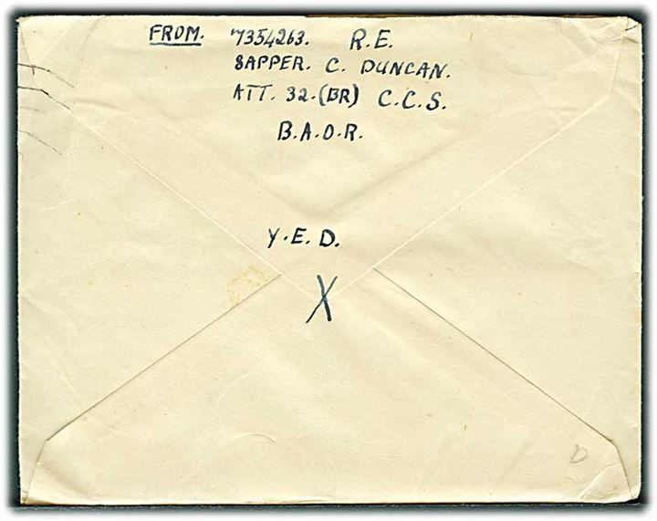 Ufrankeret feltpost brev stemplet Field Post Office 872 (= Belgien) d. 20.9.1945 til Middelfart, Danmark. Fra Royal Engineers Sapper ved 32 (BR) CCS, BAOR. Fuldt indhold.
