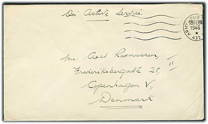Ufrankeret OAS feltpostbrev stemplet Army Post Office APO 432 (= Hamburg) d. 18.2.1946 til København. Fra soldat ved 3. Regional Railway Control Team BAOR.