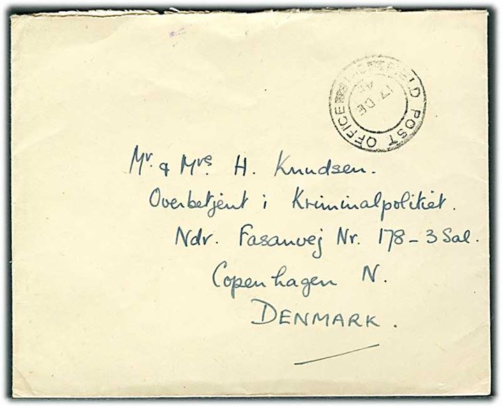 Ufrankeret OAS feltpostbrev fra Field Post Office 381 (= Berlin) d. 17.12.1945 til København, Danmark. Julehilsen fra soldat ved 392/98th Field Regiment, Royal Artillery, BAOR.