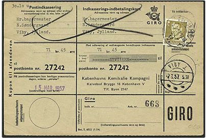 90 øre oliven Fr. IX på indbetalingskort fra København d. 5.3.1957 til Viby J.