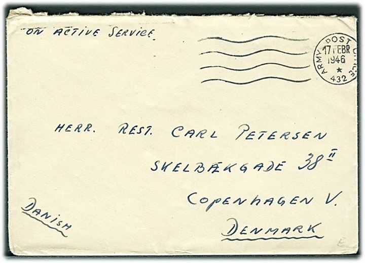 Ufrankeret OAS feltpostbrev stemplet Army Post Office 432 (= Hamburg) d. 17.2.1946 til København. Fra dansk censor ved Danish Military Unit, No. 3 District Censorship Station BAOR.