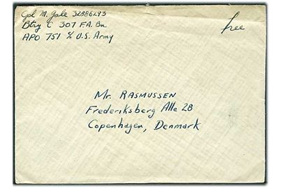 Ufrankeret amerikansk feltpostbrev fra soldat ved Btry C 307 Field Artillery Bn. APO 751 (= Bremen, Tyskland) til København, Danmark. Uden stempler eller censur.