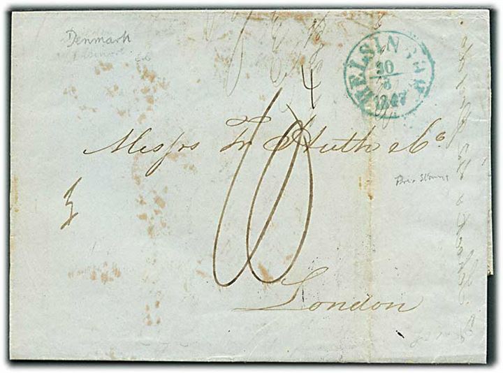 1847. Portobrev med blåt antiqua Helsingør d. 30.8.1847 via K.D.P.A. Altona d. 31.8.1847 til London, England.