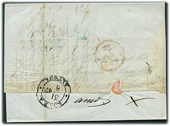 1847. Portobrev med blåt antiqua Helsingør d. 30.8.1847 via K.D.P.A. Altona d. 31.8.1847 til London, England.