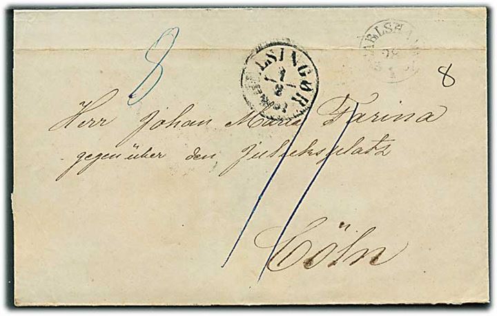 1851. Portobrev fra Carlshamn d. 28.1.1851 via Helsingør d. 1.2.1851 og K.S.& N.P.A. Hamburg til Cöln, Tyskland.