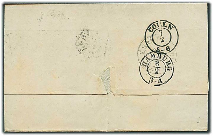 1851. Portobrev fra Carlshamn d. 28.1.1851 via Helsingør d. 1.2.1851 og K.S.& N.P.A. Hamburg til Cöln, Tyskland.