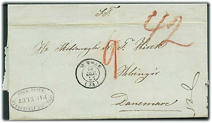 1853. Portobrev med indhold fra St. Malo d. 20.12.1853 via Th.& T. Hamburg og K.D.O.P.A. Hamburg til Helsingør, Danmark. Flere portopåtegninger.