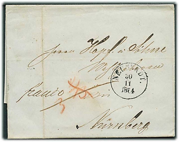 1854. Francobrev med antiqua Neustadt. d. 30.11.1854 via K.D.O.P.A. Hamburg til Nürnberg. Flere påtegninger. 
