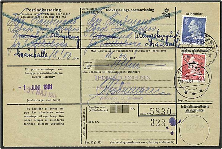 30 øre rød og 60 øre blå Fr. IX på indbetalingskort fra Silkeborg d. 23.5.1951 til Grauballe.