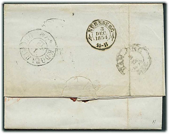 1854. Francobrev med antiqua Neustadt. d. 30.11.1854 via K.D.O.P.A. Hamburg til Nürnberg. Flere påtegninger. 