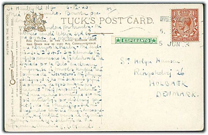 1½d George V og lille Esperanto mærkat på brevkort fra Upper Hoildway d. 5.6.1923 til Holbæk, Danmark.