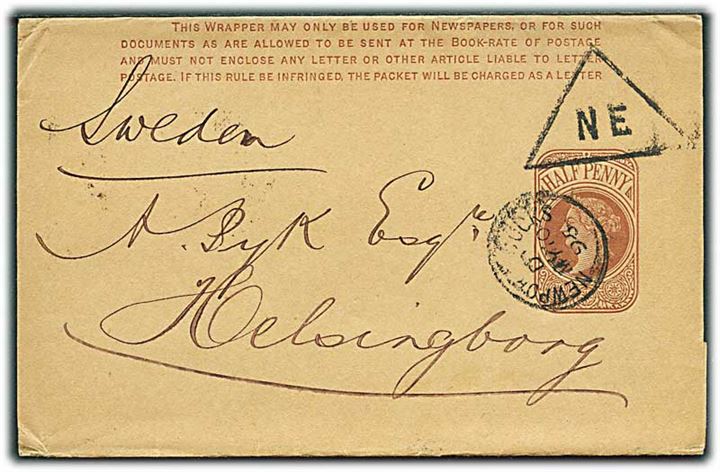 ½d Victoria helsags korsbånd stemplet Newport d. 10.5.1895 og trekantet NE til Helsingborg, Sverige.