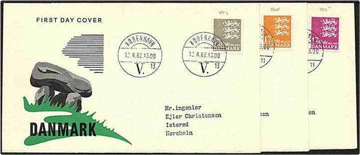 1,20 kr, 1,25 kr og 1,50 kr. rigsvåben på 3 uofficelle FDC, sendt fra København d. 12.4.1962 til Isterød.