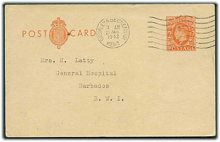 2d George VI helsagsbrevkort fra Bromley&Beckenham d. 21.1.1942 til Barbados, Britisk Vestindien. 