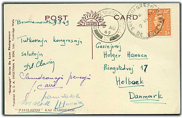 2d George VI på brevkort annulleret med særstempel 34a Kongreso de Esperanto d. 9.8.1949 og sidestemplet Bournmouth - Poole d. 9.8.1949 til Holbæk, Danmark.