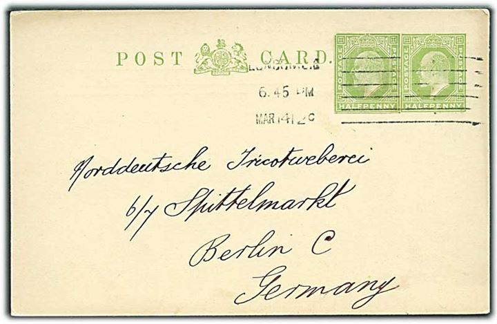 ½d Edward VII helsagsbrevkort opfrankeret med ½d helsagsafklip sendt fra London d. 14.3.1912 til Berlin, Tyskland.