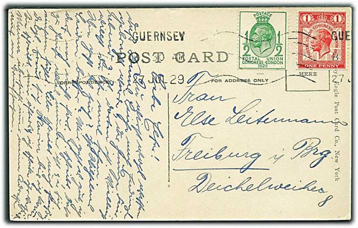 ½d og 1d U.P.U. Congress 1929 på brevkort fra Guernsey d. 27.7.1929 til Freiburg, Tyskland.